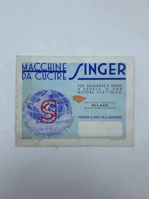 Macchine da cucire Singer per lavorare a mano a pedale o con motore elettrico (catalogo pubblicitario)